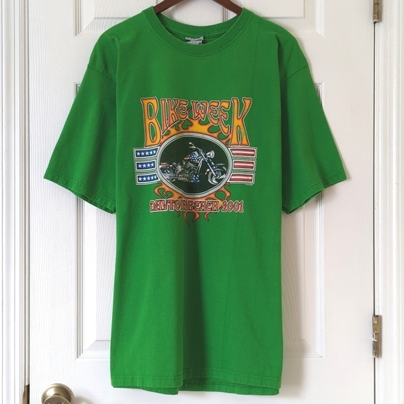 Daytona Beach Bike Week 2001 Vintage Double Side Graphic Crewneck T-shirt Green - Picture 1 of 11